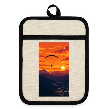 Sonnenuntergang Paraglider über Bergkette - Topflappen mit Gummirückseite - Leinen/Schwarz  - Vorne