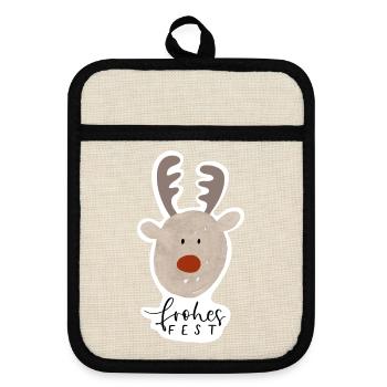Frohes Fest Rentier Sticker - Topflappen mit Gummirückseite - Leinen/Schwarz  - Vorne