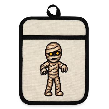 Pixelmummy mit goldenen Augen - Topflappen mit Gummirückseite - Leinen/Schwarz  - Vorne