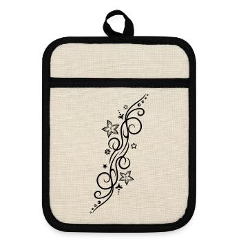 Tattoo ornament with flowers and stars. - Pot holders with rubber back - linen/black  - Front