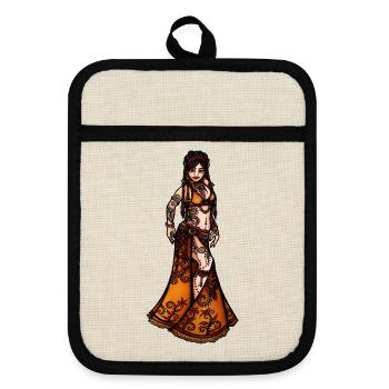 Bernsteinfarbenes Sonnenuntergangs-Bauchtanzkleid - Topflappen mit Gummirückseite - Leinen/Schwarz  - Vorne