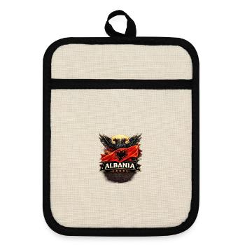 Albania Eagle Flag - Pot holders with rubber back - linen/black  - Front