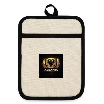 Albania Golden Coat of Arms - Pot holders with rubber back - linen/black  - Front