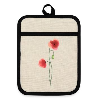 Flower: red poppy - Pot holders with rubber back - linen/black  - Front