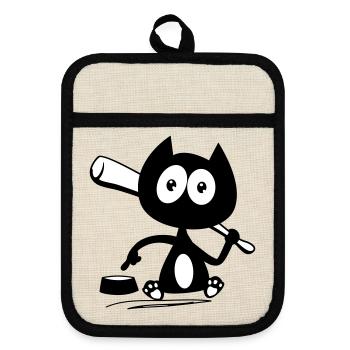 Donne moi à manger ! Humour de chat ! - Maniques avec dos en caoutchouc - lin/noir  - Devant