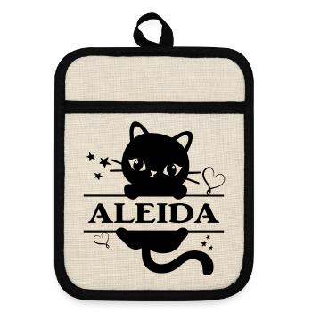 Katzen-T-Shirt Aleida T-Shirt Geschenkidee Katze - Topflappen mit Gummirückseite - Leinen/Schwarz  - Vorne