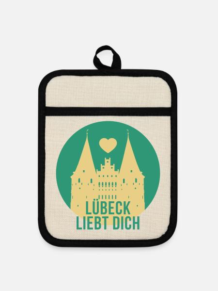 Lübeck liebt dich - Topflappen mit Gummirückseite - Leinen/Schwarz 