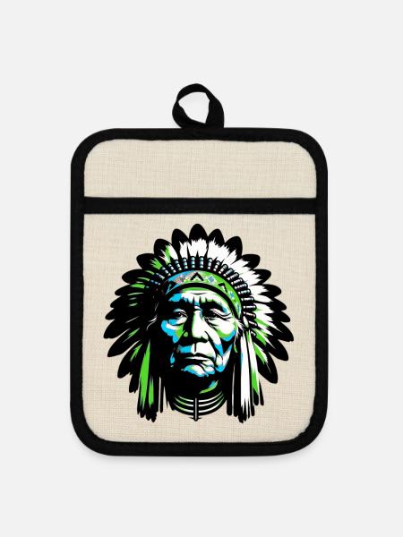 Amerikanisch, Indianer, Amerikaner - Topflappen mit Gummirückseite - Leinen/Schwarz