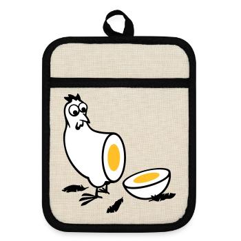 Huhn oder Ei - Topflappen mit Gummirückseite - Leinen/Schwarz  - Vorne