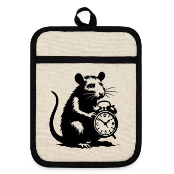 Stressed Rat and Alarm Clock - Pot holders with rubber back - linen/black  - Front