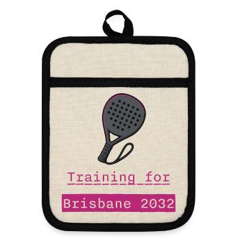 Padel Training Brisbane 2032 - Pot holders with rubber back - linen/black  - Front