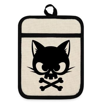 Cat Skull with Bones | Gothic Cute Icon - Pot holders with rubber back - linen/black  - Front