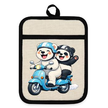 Polar Bear and Panda Bear on a Scooter - Pot holders with rubber back - linen/black  - Front