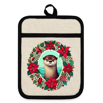 Loutre en couronne de poinsettia festive - Maniques avec dos en caoutchouc - lin/noir  - Devant
