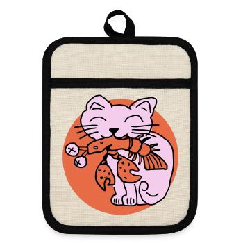 Katze frisst Krebs auf - Topflappen mit Gummirückseite - Leinen/Schwarz  - Vorne