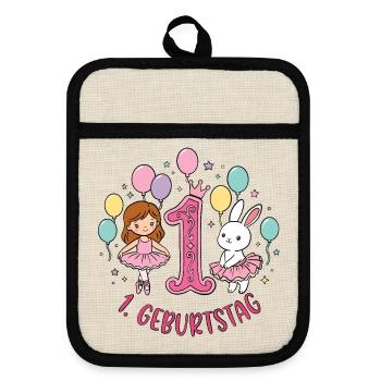 Erster Geburtstag Ballon Tanz Duo - Topflappen mit Gummirückseite - Leinen/Schwarz  - Vorne