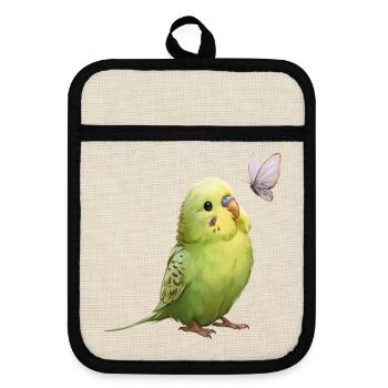Budgie with butterfly - Pot holders with rubber back - linen/black  - Front