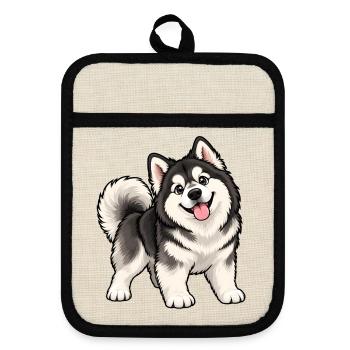 Alaskan Malamute Kawaii Style – Süßer Schlittenhun - Topflappen mit Gummirückseite - Leinen/Schwarz  - Vorne