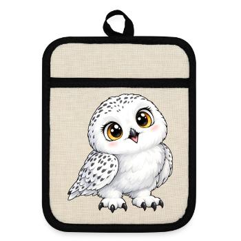 Schneeeule Kawaii Style – Süßer Wintervogel - Topflappen mit Gummirückseite - Leinen/Schwarz  - Vorne