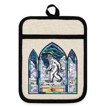 Buntglas-Yeti in Schneelandschaft - Topflappen mit Gummirückseite - Leinen/Schwarz  - Vorne