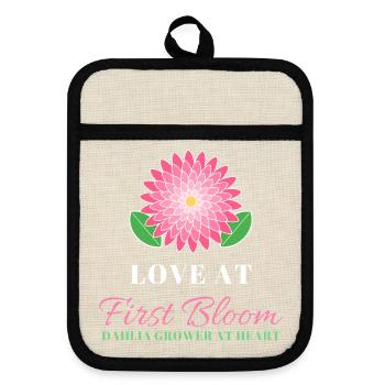 Liebe bei First Bloom Dahlia Flower Gardener - Topflappen mit Gummirückseite - Leinen/Schwarz  - Vorne