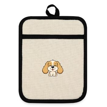 Tête de chien mignonne avec une expression joyeuse - Maniques avec dos en caoutchouc - lin/noir  - Devant