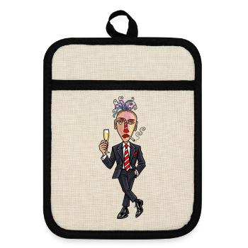 Surrealer Anzugheld mit sektglas - Topflappen mit Gummirückseite - Leinen/Schwarz  - Vorne