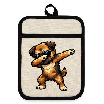 Dabbing Border Terrier in Comic Style - Pot holders with rubber back - linen/black  - Front