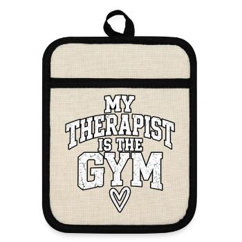 Meine Therapeutin ist das Fitnessstudio – das Fitnessmädchen - Topflappen mit Gummirückseite - Leinen/Schwarz  - Vorne
