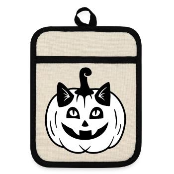 Halloween Katze Kürbiskopf - Schwarz Weiß - Topflappen mit Gummirückseite - Leinen/Schwarz  - Vorne