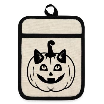 Halloween Katze Kürbiskopf - Schwarz - Topflappen mit Gummirückseite - Leinen/Schwarz  - Vorne