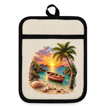 Tropisches Sonnenuntergangsboot bei Palm Beach - Topflappen mit Gummirückseite - Leinen/Schwarz  - Vorne