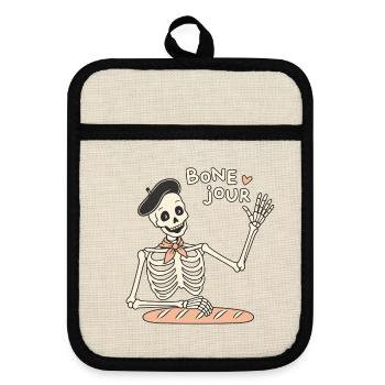 Bone Jour – Skelettgruß - Topflappen mit Gummirückseite - Leinen/Schwarz  - Vorne