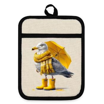 Seagull with yellow umbrella and boots - Pot holders with rubber back - linen/black  - Front