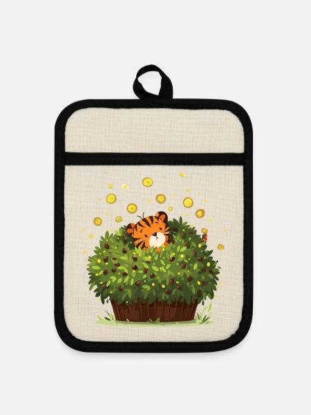 Tiger versteckt im Buschzauber - Topflappen mit Gummirückseite - Leinen/Schwarz