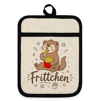 Frettchen mit Fritten - Frittchen - Pommes Frites - Topflappen mit Gummirückseite - Leinen/Schwarz  - Vorne