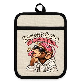 Immer erst checken, ob verbunden… 🧠👅 - Topflappen mit Gummirückseite - Leinen/Schwarz  - Vorne