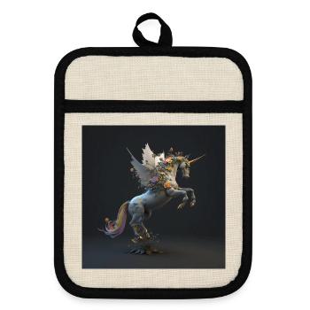 Magisches Blumen Einhorn - Topflappen mit Gummirückseite - Leinen/Schwarz  - Vorne