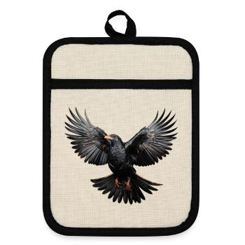 Alpendohle im Flug – Alpen Vogelmotiv - Topflappen mit Gummirückseite - Leinen/Schwarz  - Vorne