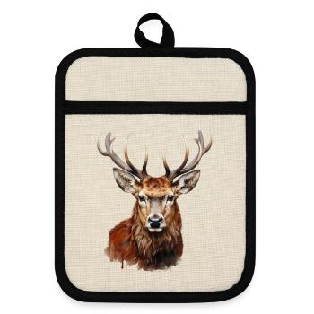 Red Deer Portrait – Alpine Wildlife Motif - Pot holders with rubber back - linen/black  - Front
