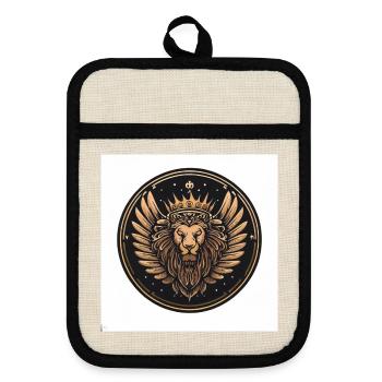 Majestätischer Löwenkopf Gold/Bronze - Topflappen mit Gummirückseite - Leinen/Schwarz  - Vorne