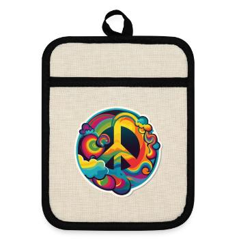 Psychedelisches Peace Zeichen - Topflappen mit Gummirückseite - Leinen/Schwarz  - Vorne