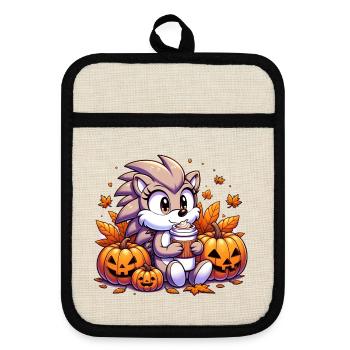 Igel trinkt Halloween - Topflappen mit Gummirückseite - Leinen/Schwarz  - Vorne