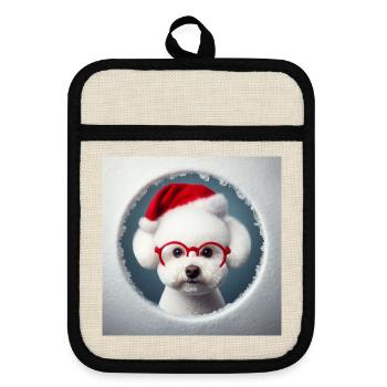 Bichon Frisé Hund als Weihnachtsmann - Topflappen mit Gummirückseite - Leinen/Schwarz  - Vorne
