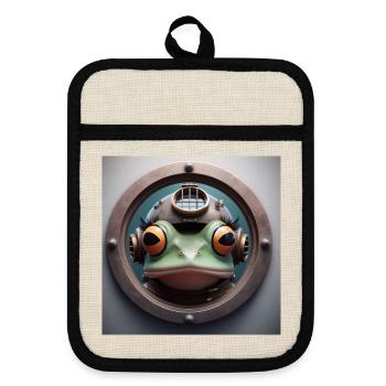 Grenouille avec casque de plongée regardant à travers le hublot - Maniques avec dos en caoutchouc - lin/noir  - Devant