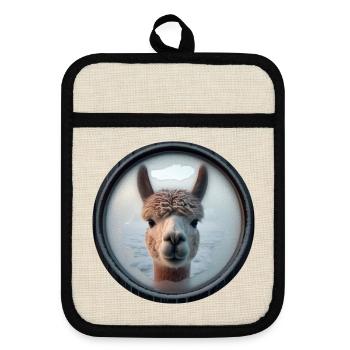 Alpaca looking through a window - Pot holders with rubber back - linen/black  - Front