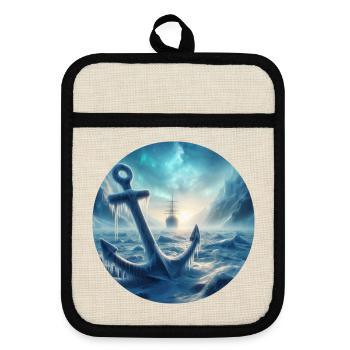 Anchor and Ship Ice Landscape - Pot holders with rubber back - linen/black  - Front