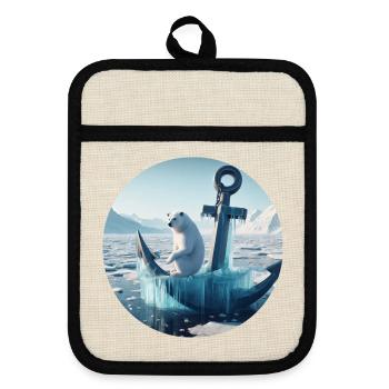 Polar Bear on Anchor in Snow Landscape - Pot holders with rubber back - linen/black  - Front