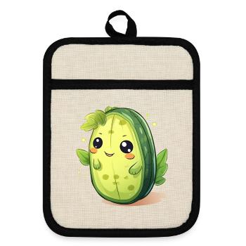 Kawaii Cactus Cucumber Male – Cute Design - Pot holders with rubber back - linen/black  - Front