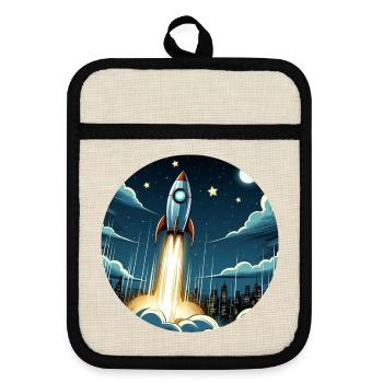 Cartoon rocket launches into space - Pot holders with rubber back - linen/black  - Front